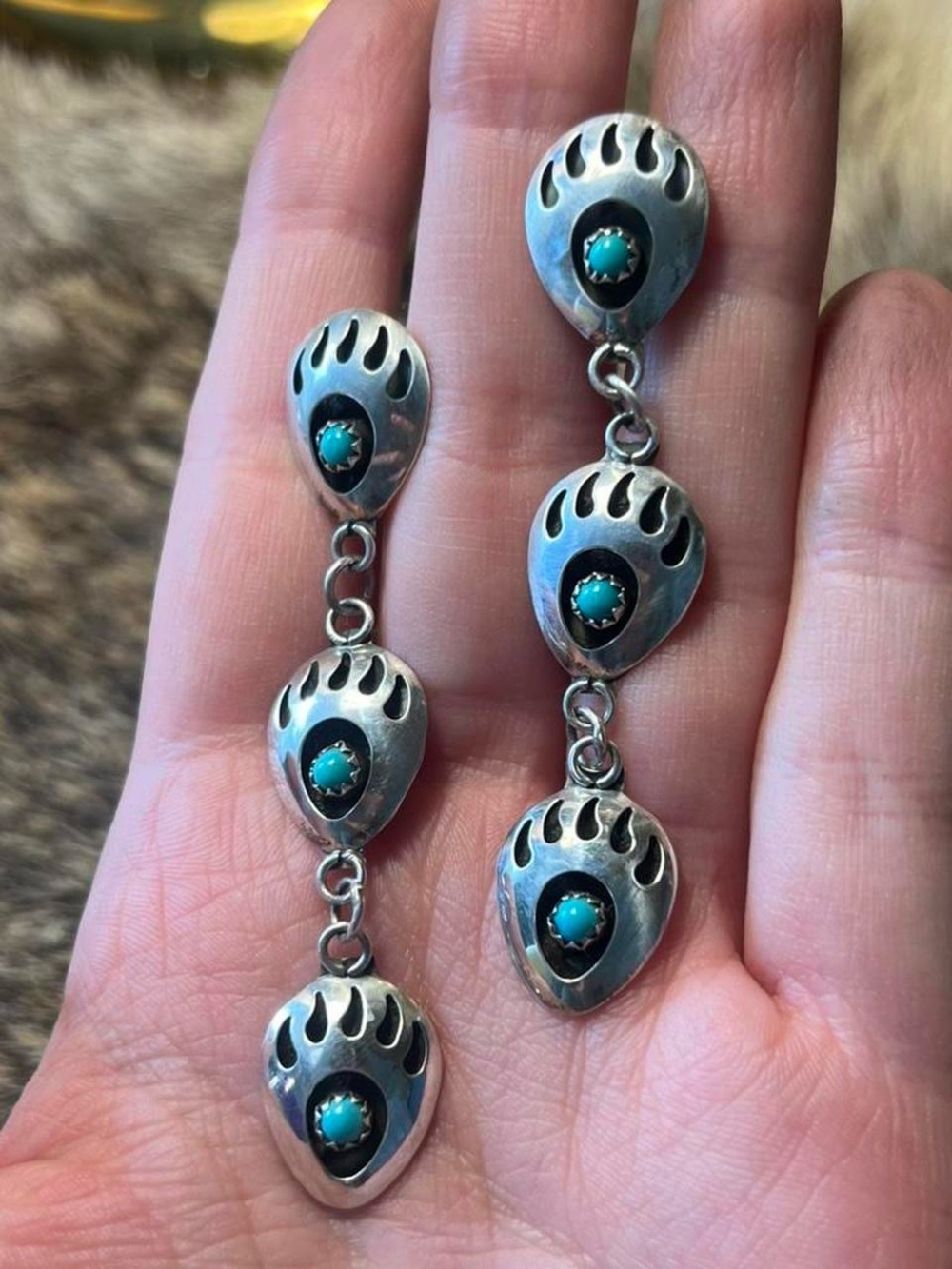 Sterling silver Native American triple bear paw dangling turquoise earrings